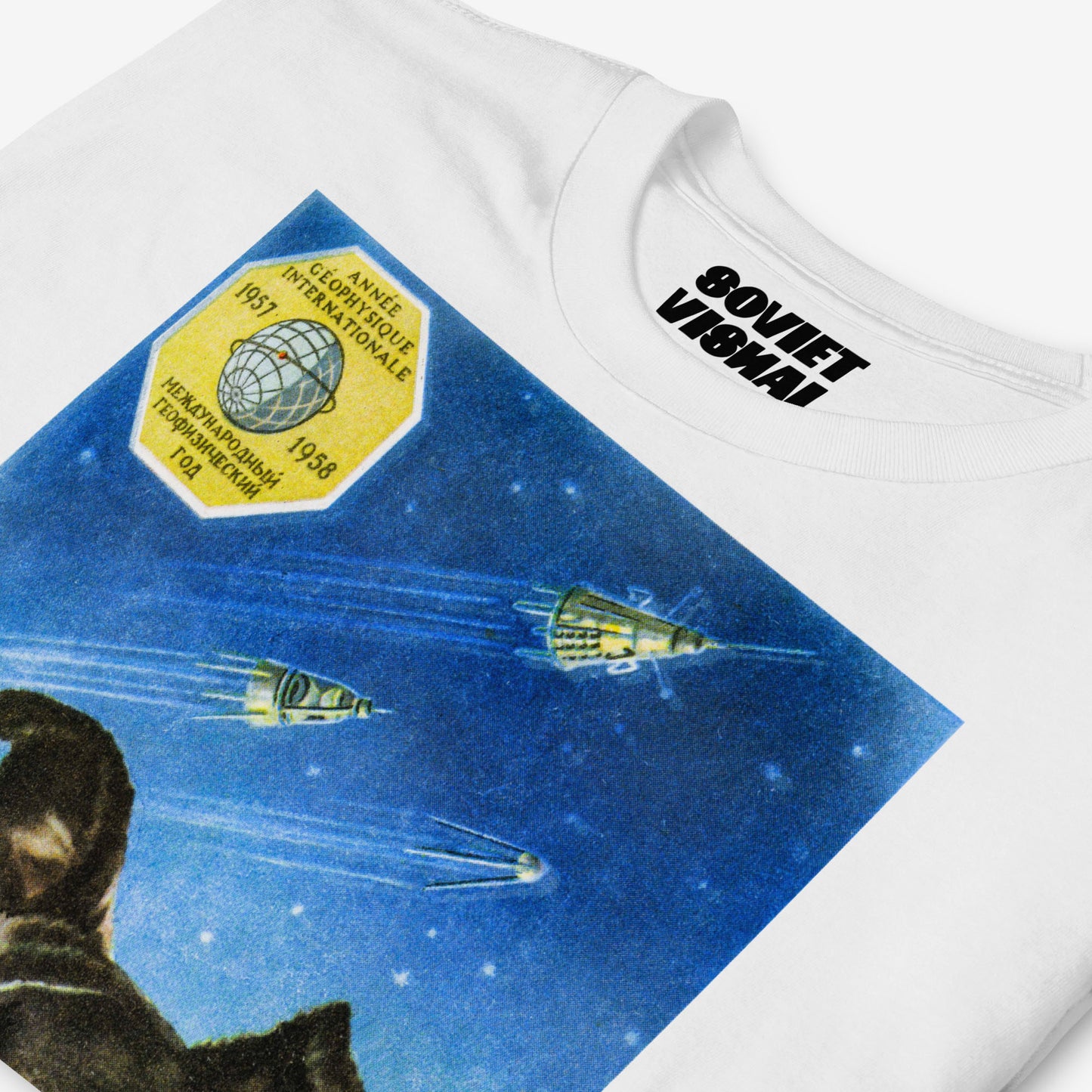 Premium unisex white T-shirt with an authentic Soviet design of Laika poster, the first space dog