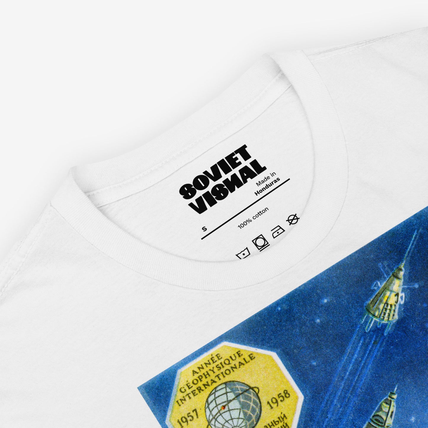 Premium unisex white T-shirt with an authentic Soviet design of Laika poster, the first space dog