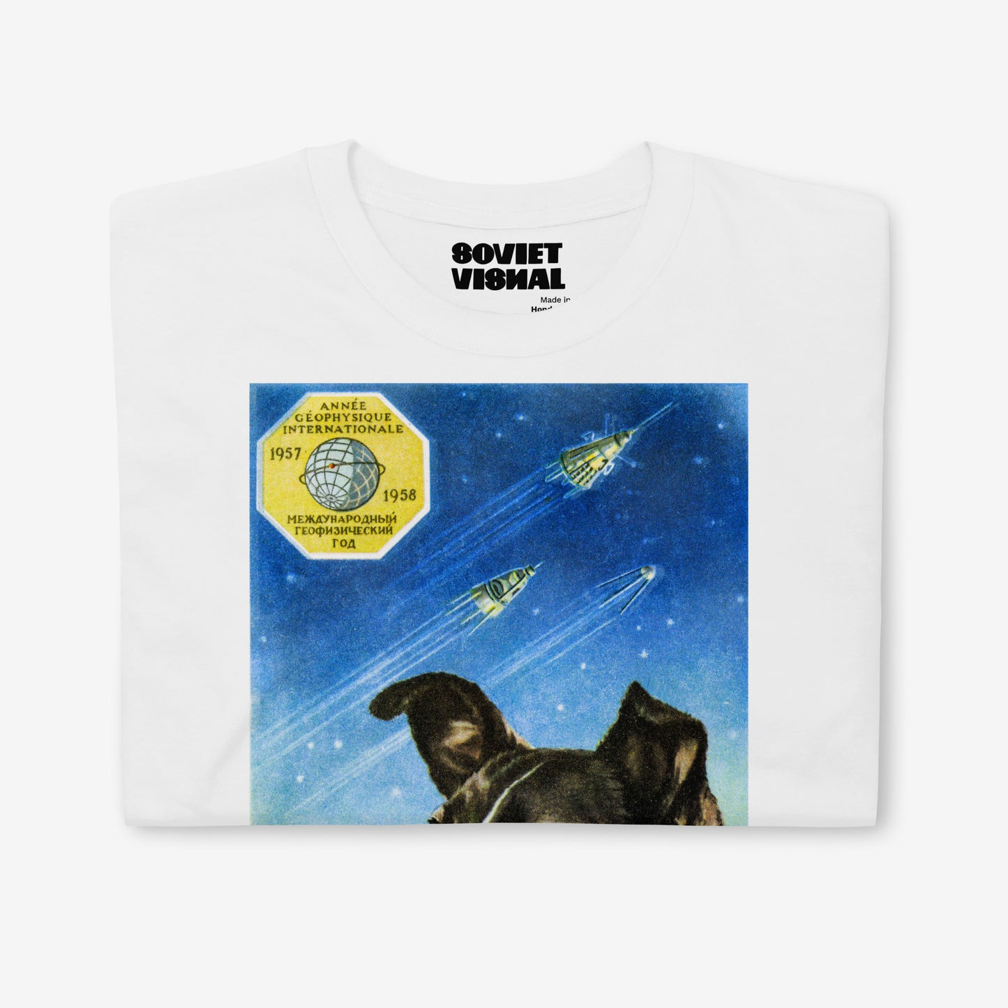 Premium unisex white T-shirt with an authentic Soviet design of Laika poster, the first space dog