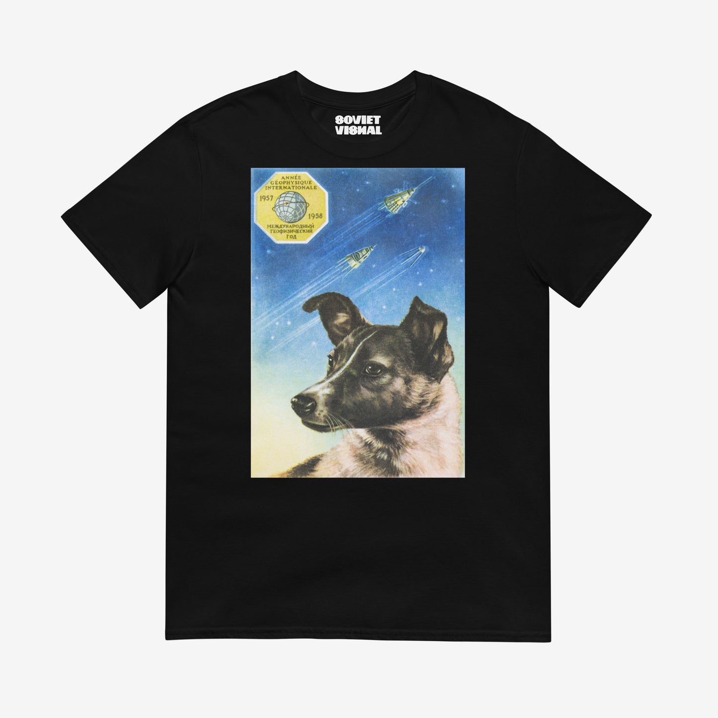 Premium unisex black T-shirt with an authentic Soviet design of Laika poster, the first space dog