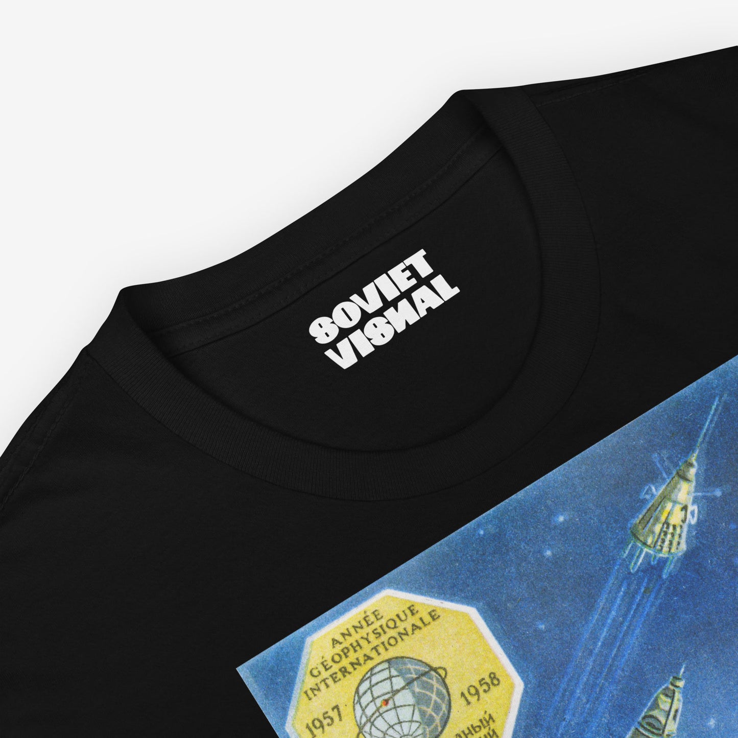 Premium unisex black T-shirt with an authentic Soviet design of Laika poster, the first space dog