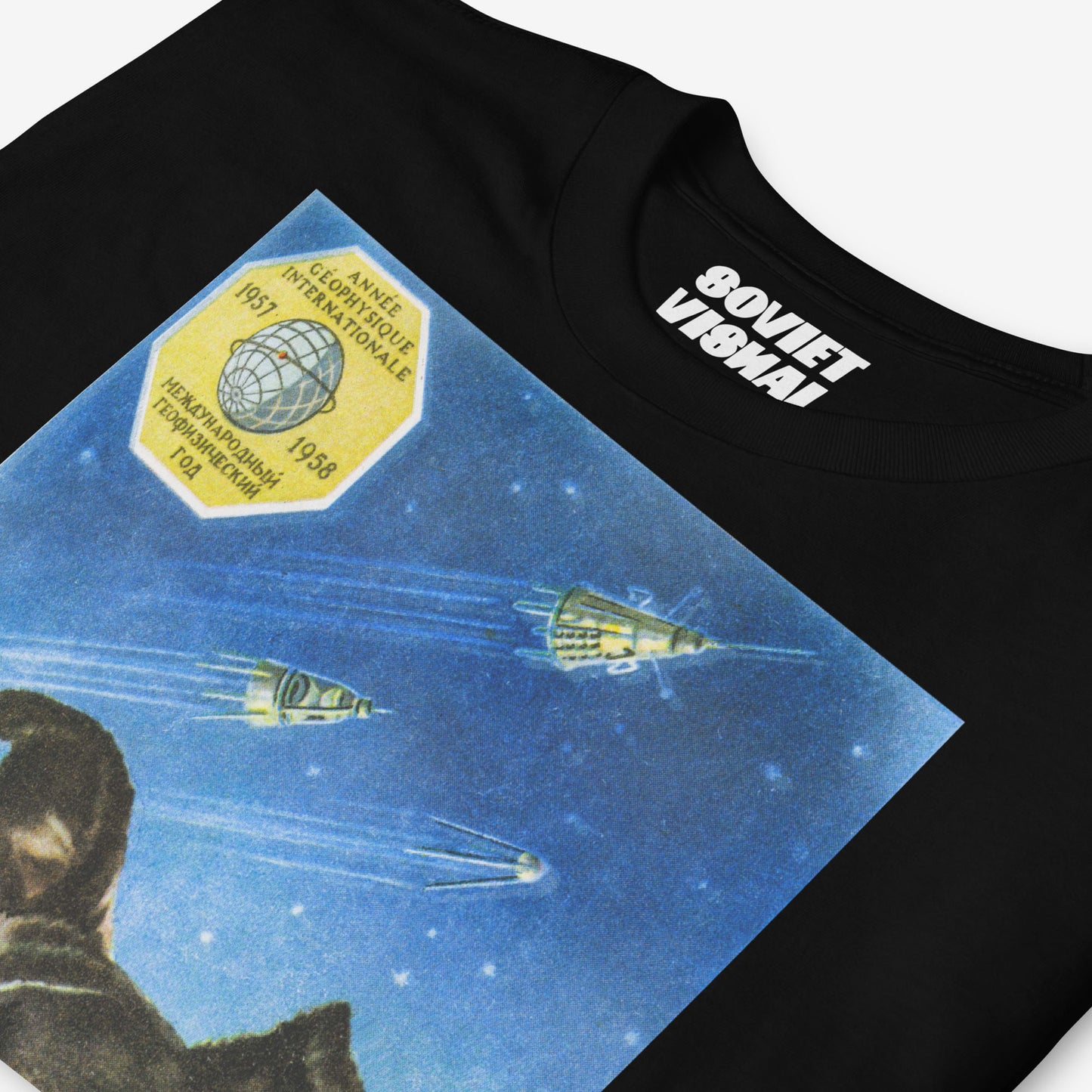 Premium unisex black T-shirt with an authentic Soviet design of Laika poster, the first space dog