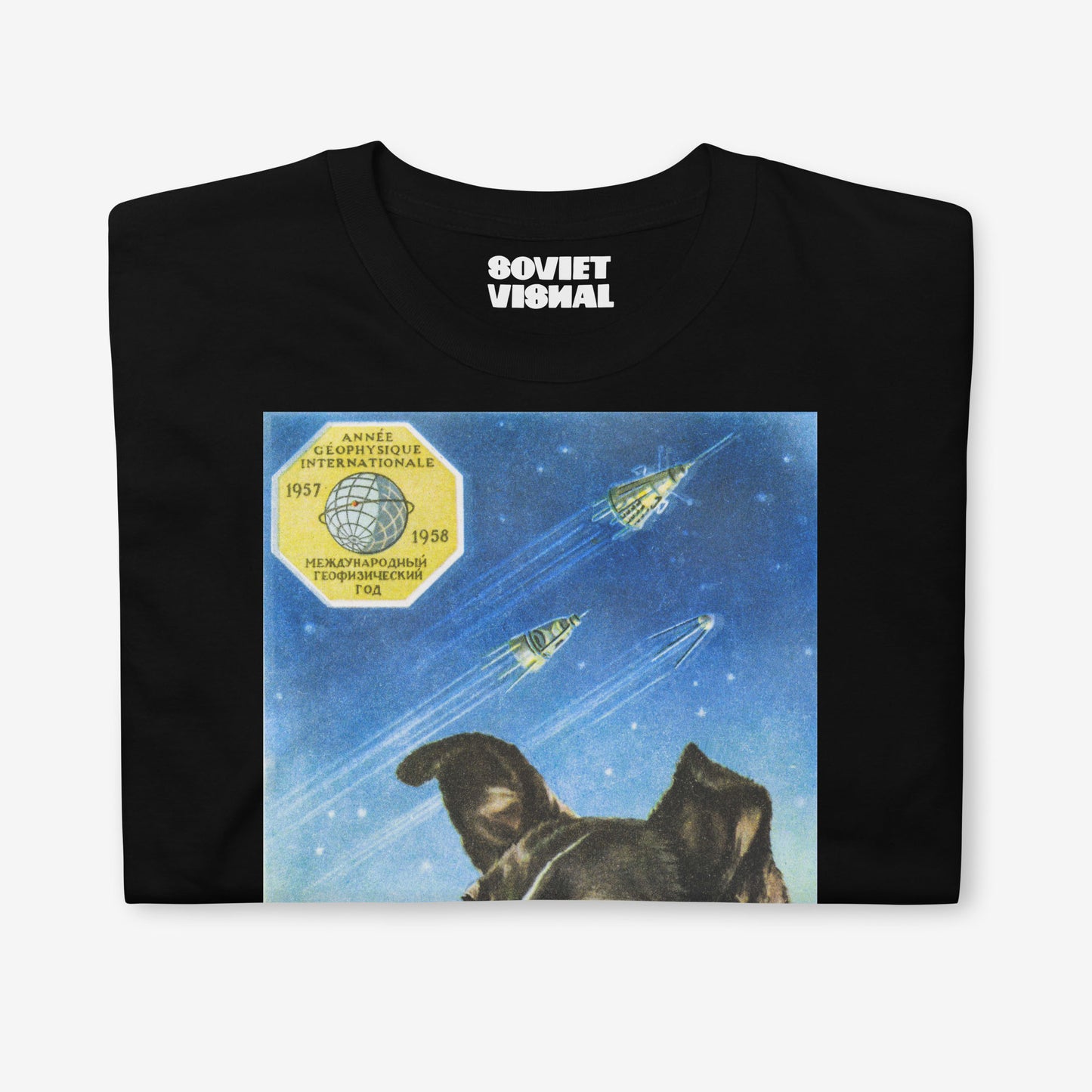 Premium unisex black T-shirt with an authentic Soviet design of Laika poster, the first space dog