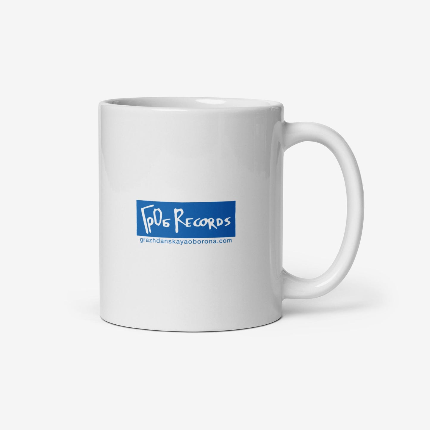 White mug featuring Grazhdanskaya Oborona's "Live in San Francisco" album cover with Egor Letov on the front and GrOb Records logo on the back.