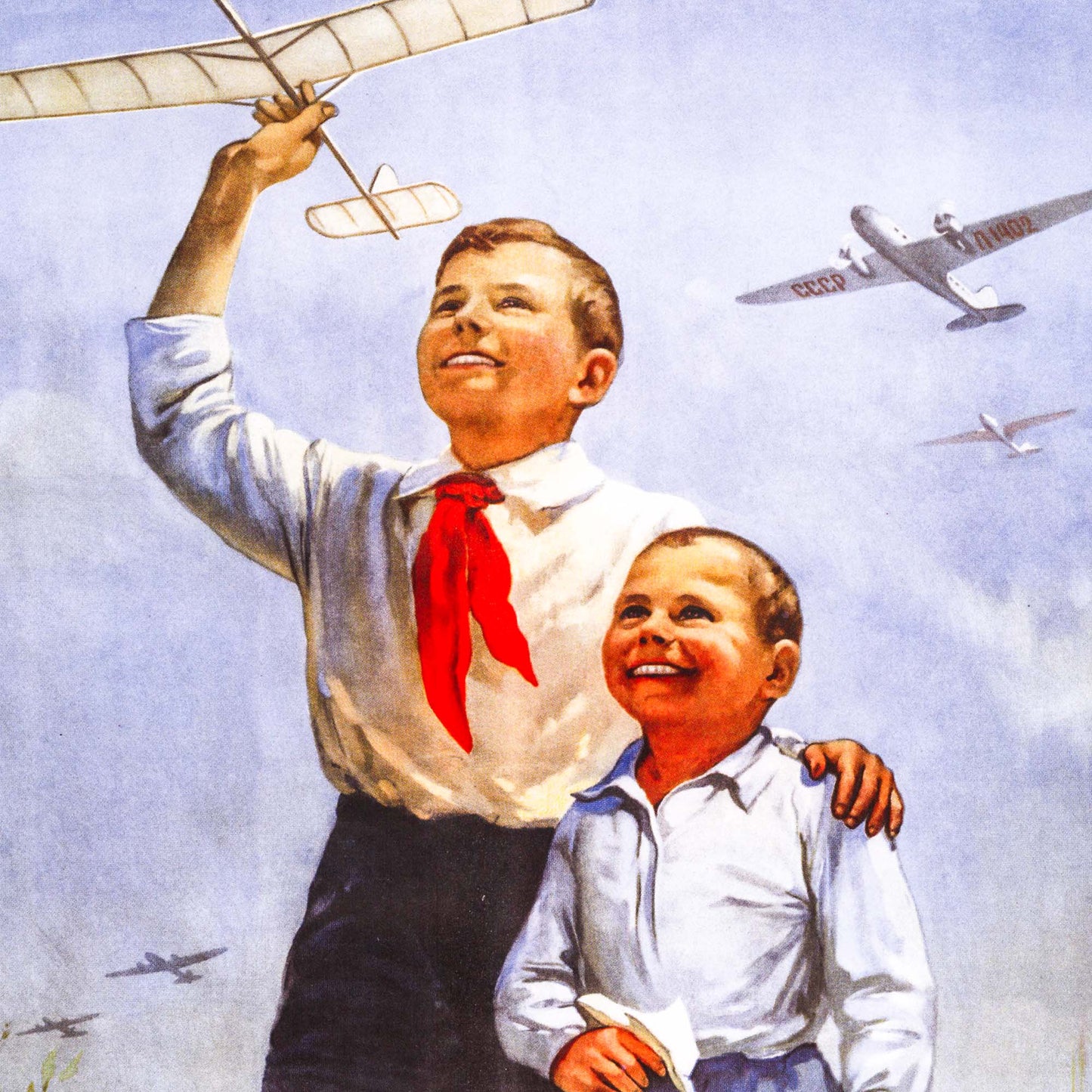 Rare Soviet aviation poster "We Will Be Pilots!" with two young boys holding handmade planes, printed in the highest quality.
