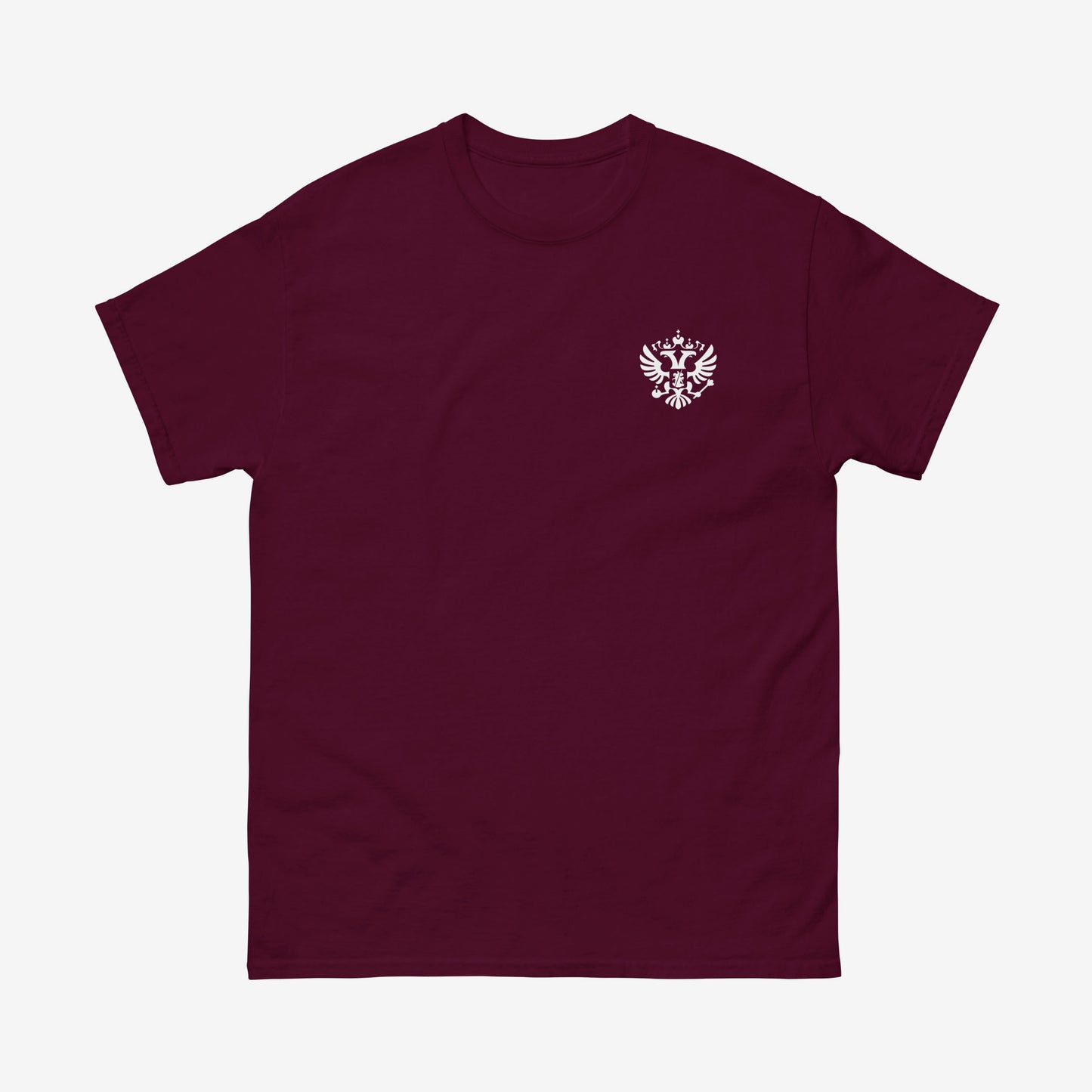 Maroon red unisex T-shirt with the official minimalist version of coat of arms of the Russian Federation, with double-headed eagle emblem positioned over the left chest and small emblem and RUSSIA written on the back neck side