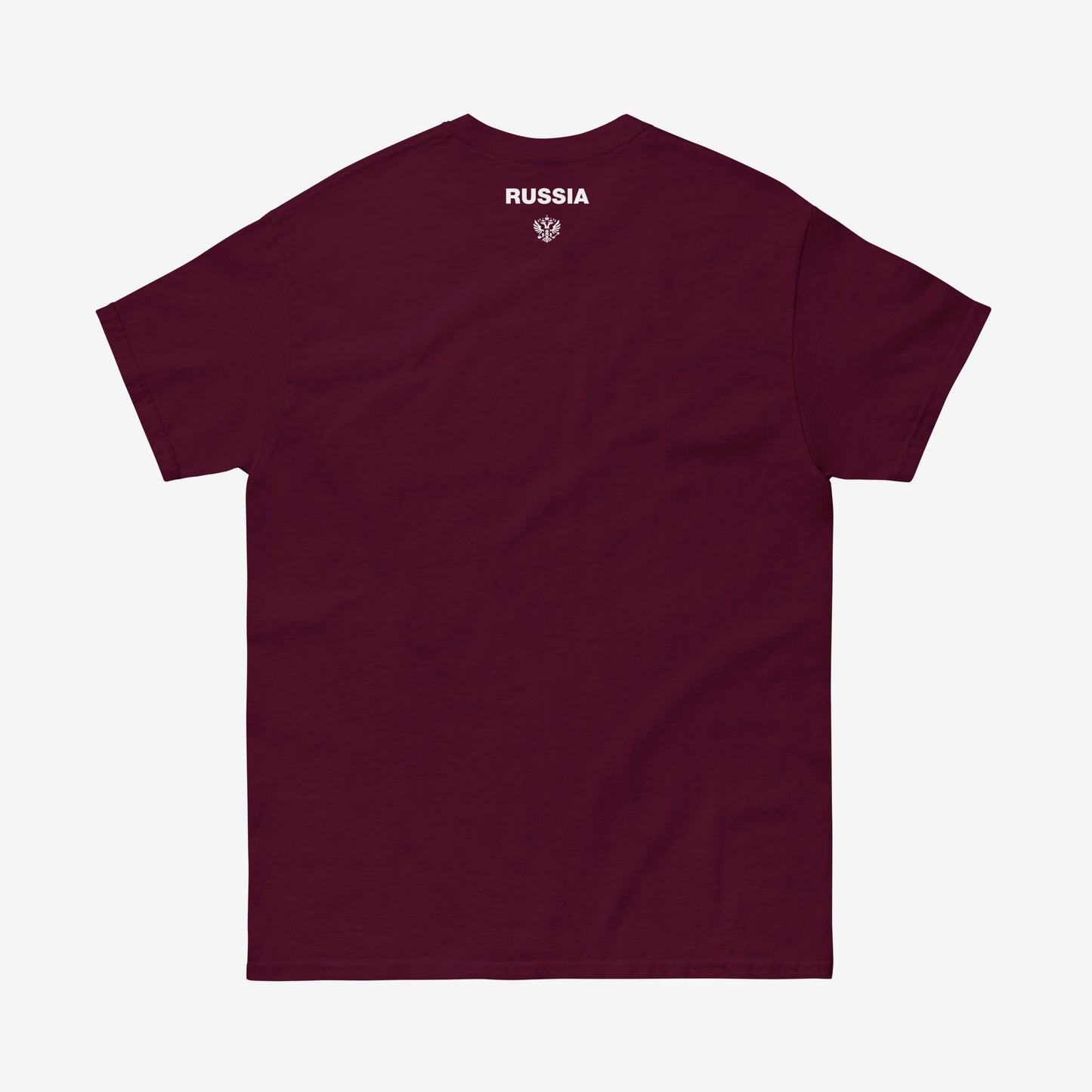 Maroon red unisex T-shirt with the official minimalist version of coat of arms of the Russian Federation, with double-headed eagle emblem positioned over the left chest and small emblem and RUSSIA written on the back neck side