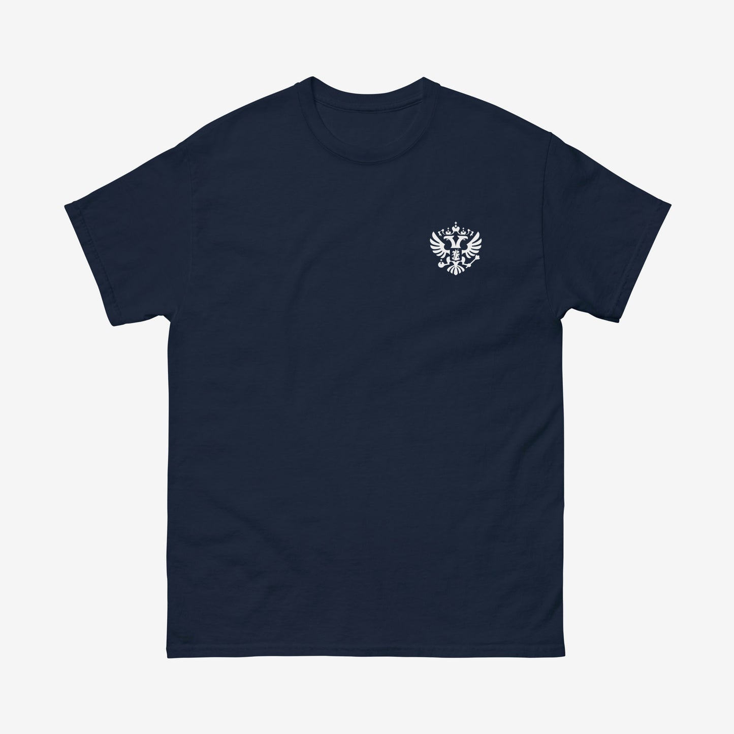Navy blue unisex T-shirt with the official minimalist version of coat of arms of the Russian Federation, with double-headed eagle emblem positioned over the left chest and small emblem and RUSSIA written on the back neck side