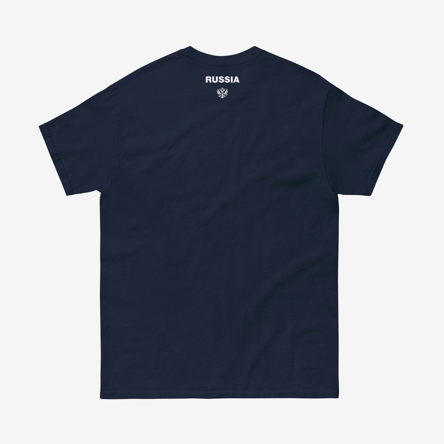 Navy blue unisex T-shirt with the official minimalist version of coat of arms of the Russian Federation, with double-headed eagle emblem positioned over the left chest and small emblem and RUSSIA written on the back neck side