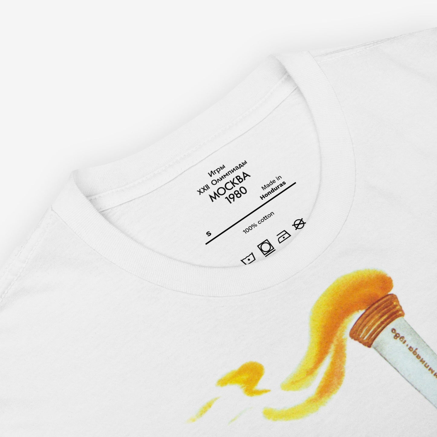 Misha the Olympic Bear T-shirt featuring the iconic 1980 Moscow Olympics design with the Olympic torch, celebrating Soviet sports history.