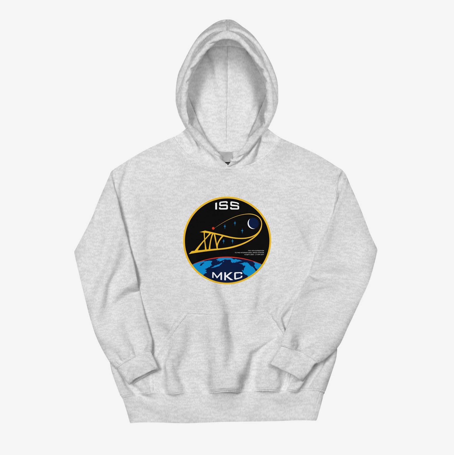 Unisex hoodie featuring ISS Expedition 14 (2006–2007) patch and МКС logo, inspired by Russian space missions