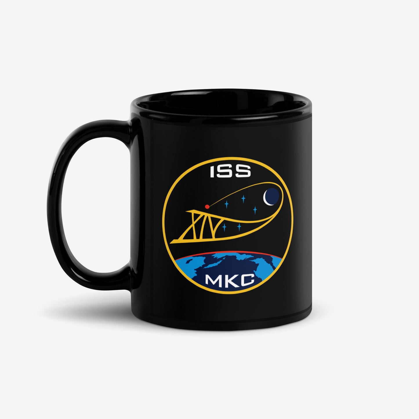 ISS Expedition 14 Mug with Soviet space logo (2006–2007), high-quality design on 11 oz ceramic black mug
