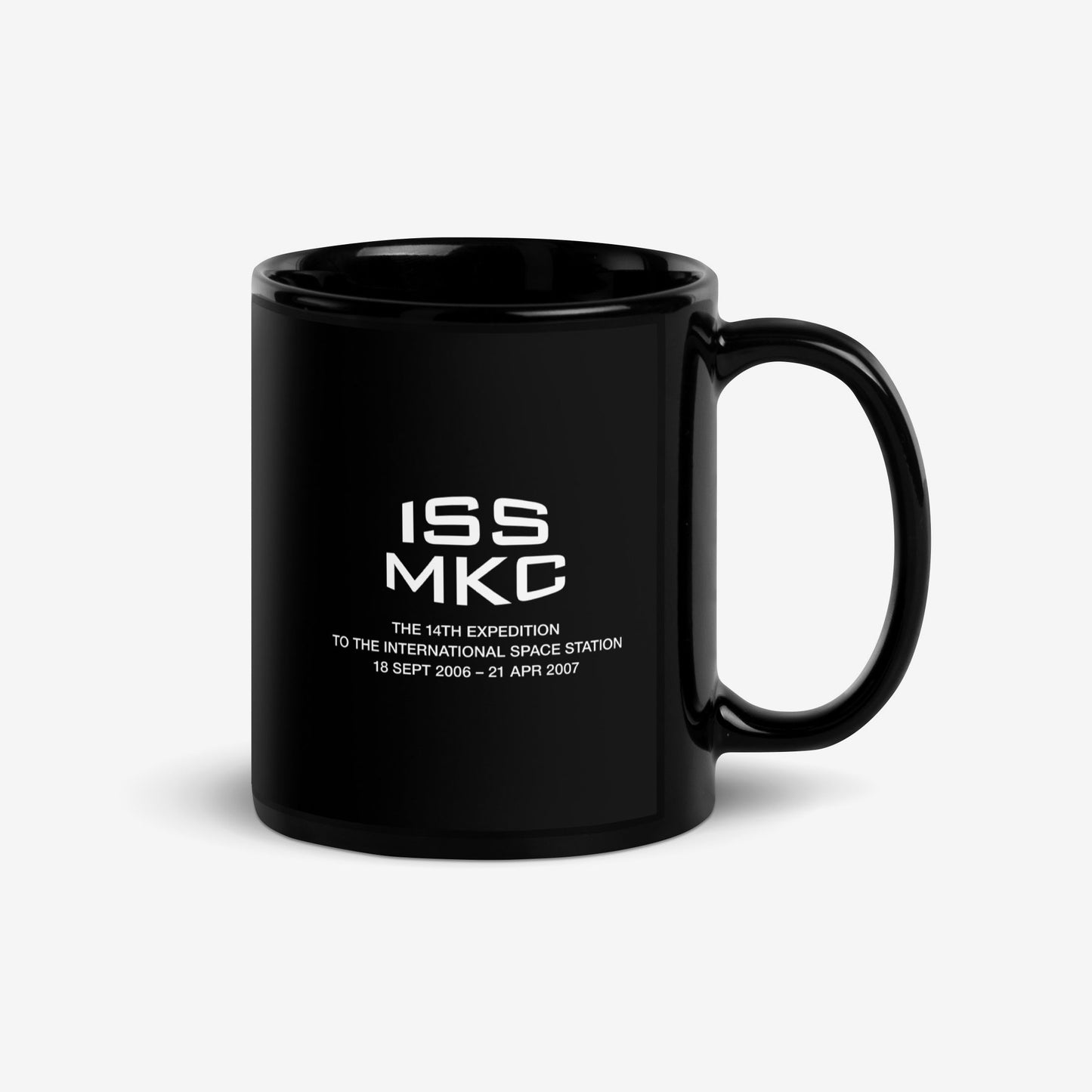 ISS Expedition 14 Mug with Soviet space logo (2006–2007), high-quality design on 11 oz ceramic black mug