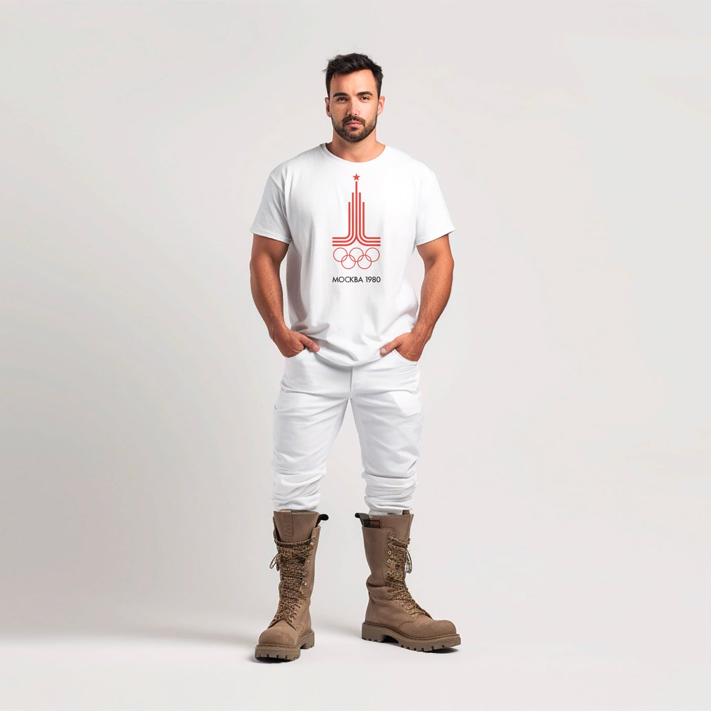 Men wearing vintage white Moscow 1980 Olympics t-shirt