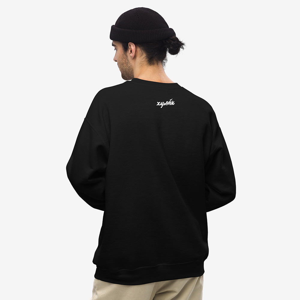 Funny Russian ХУЯЙК parody logo design in bold Cyrillic lettering on premium unisex sweatshirt – a play on Nike with Russian slang twist, perfect for expats and streetwear lovers