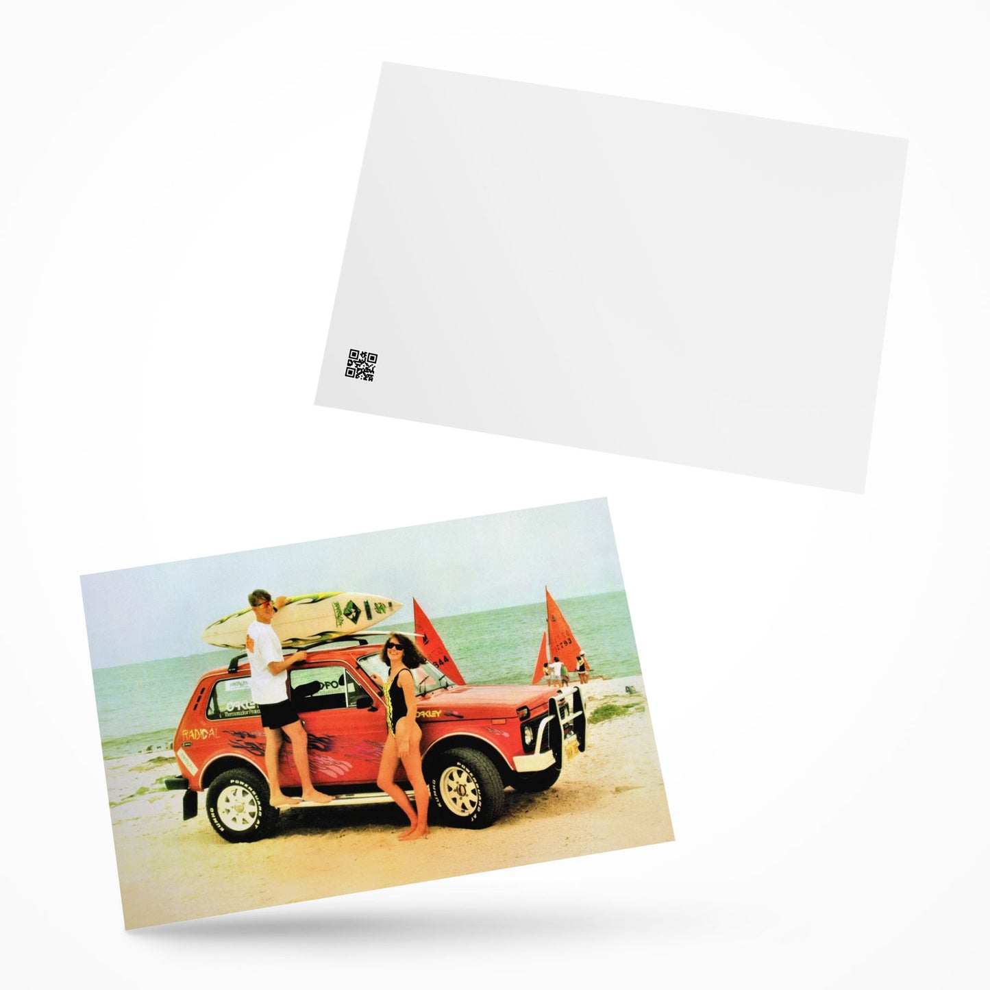Detailed close-up of a retro Lada Niva off-road car on a premium-quality postcard. Front and back