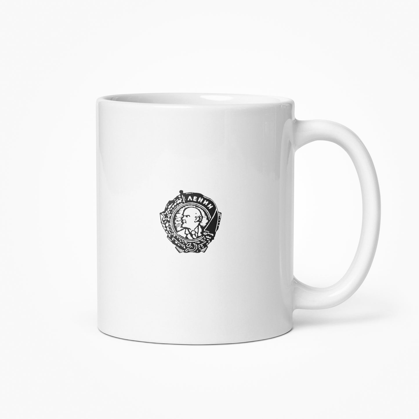Vintage Soviet Ogonek magazine logo white mug - back side with the order (emblem/badge) of Lenin