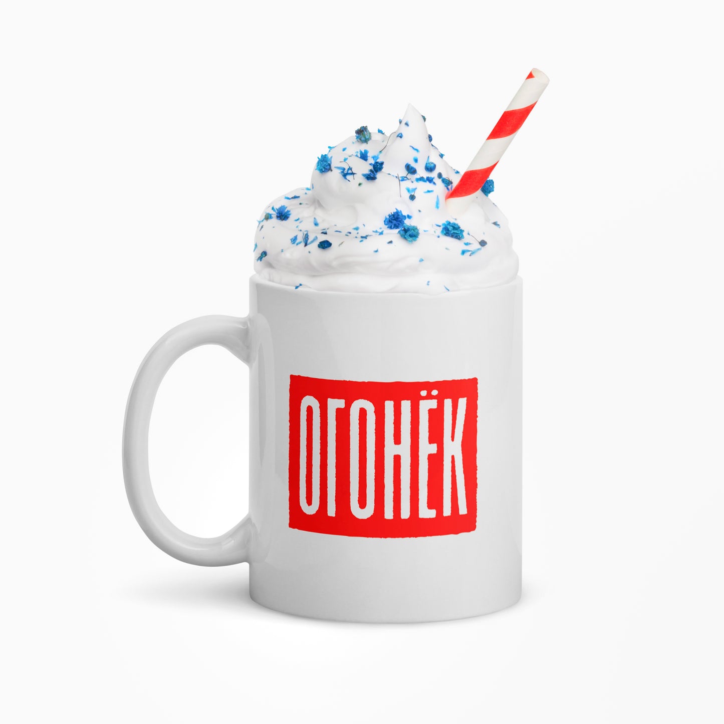 Vintage Soviet Ogonek magazine logo white mug - photo with cream and straw