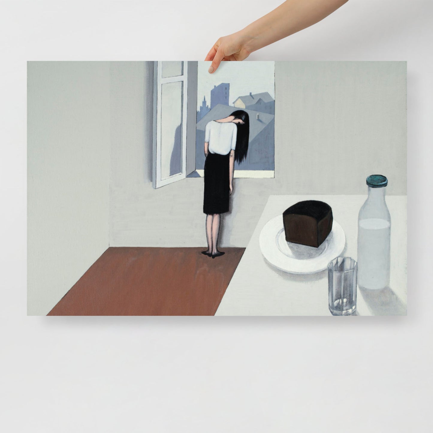 Front view of the Soviet 'Wet hair' poster, shot in a minimalist setting with natural lighting.