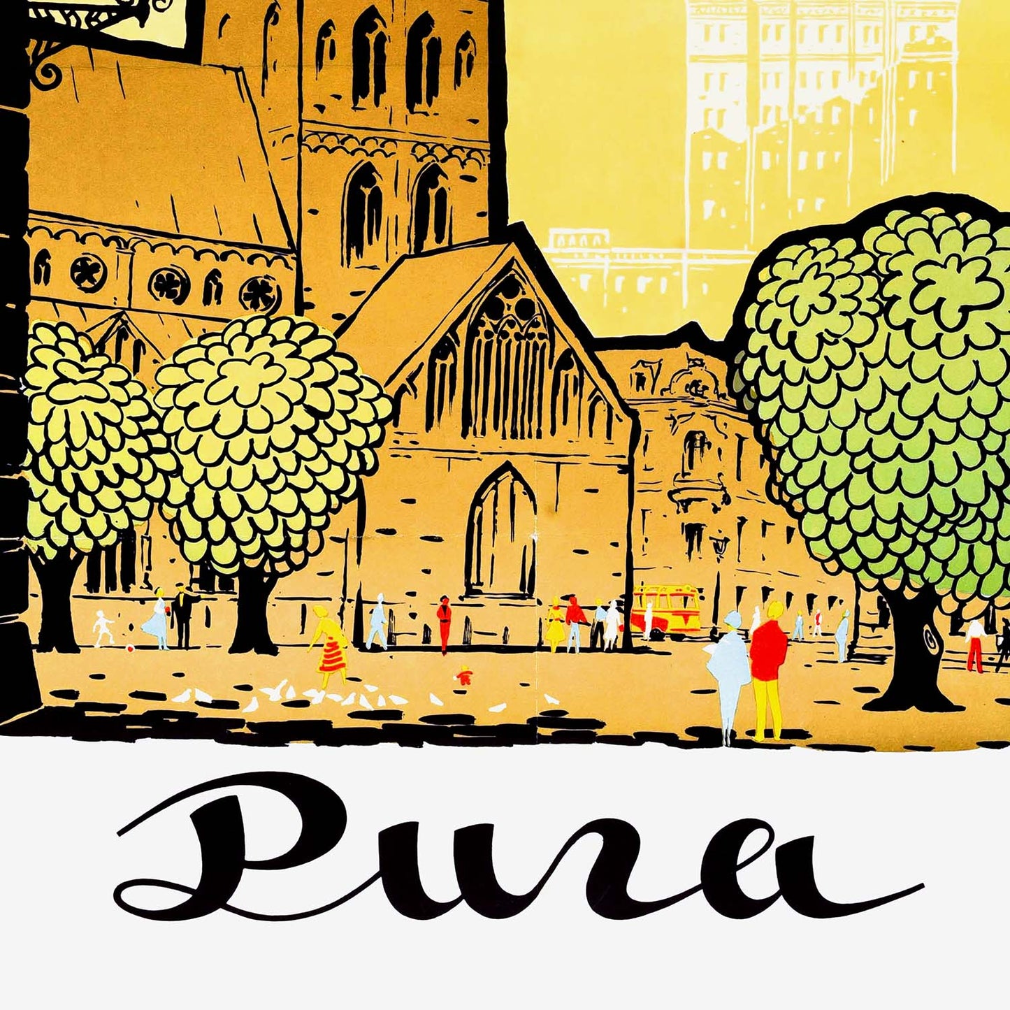 Original 1958 Soviet Intourist Riga travel poster with cathedral, Stalinist skyscraper, and Cyrillic lettering