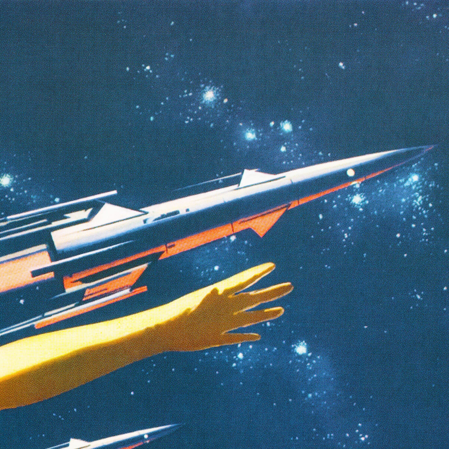 Futuristic Soviet space poster featuring a cosmonaut soaring into space, holding a glowing hammer and sickle, with multiple space rockets in the background. High-quality, rare USSR propaganda artwork from the space race era.