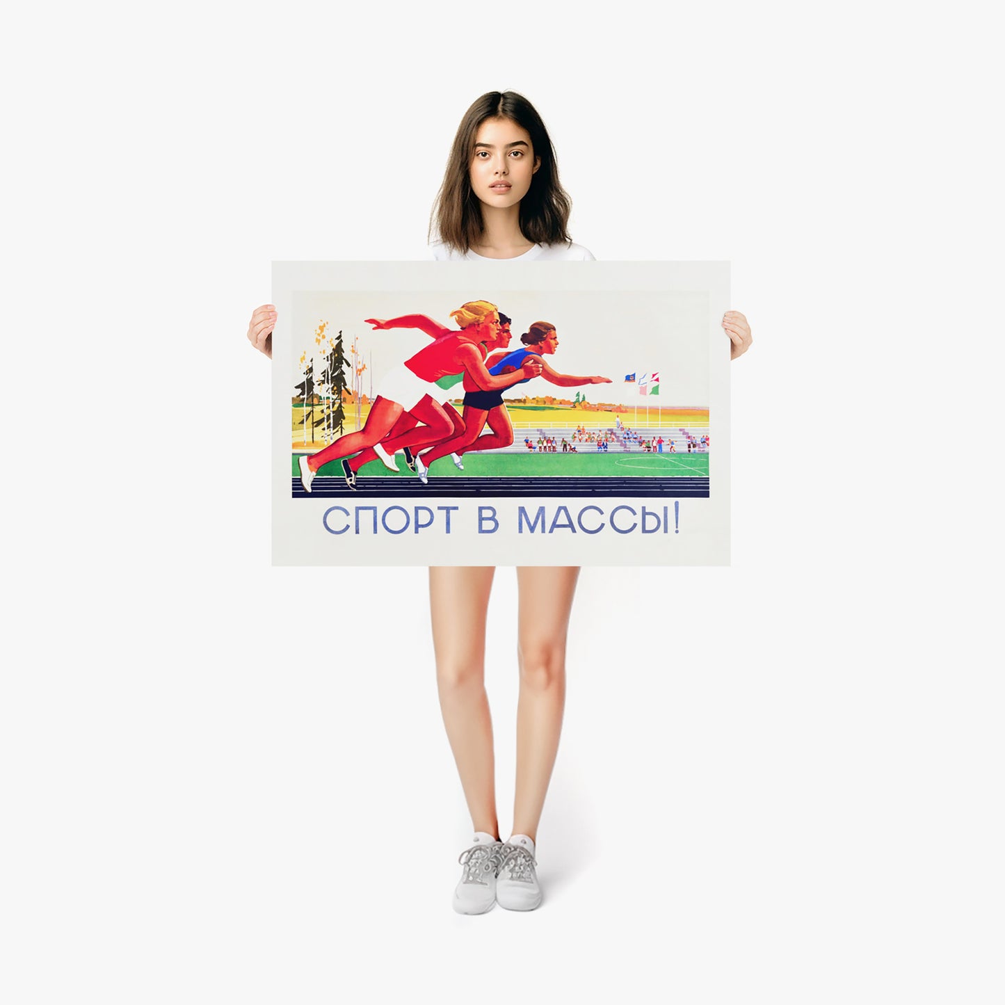Cute girl holding unframed vintage Soviet poster 'Sport to the masses!' - large