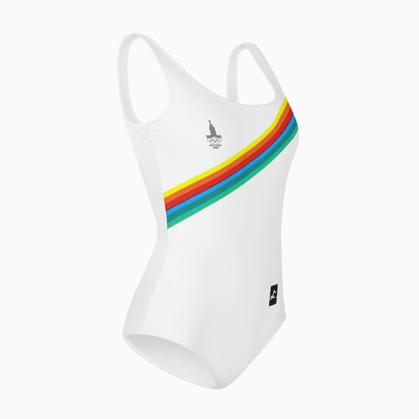 Vintage white Soviet Olympic Games youth one piece swimsuit with Moscow 1980 Olympic Games logo - right side