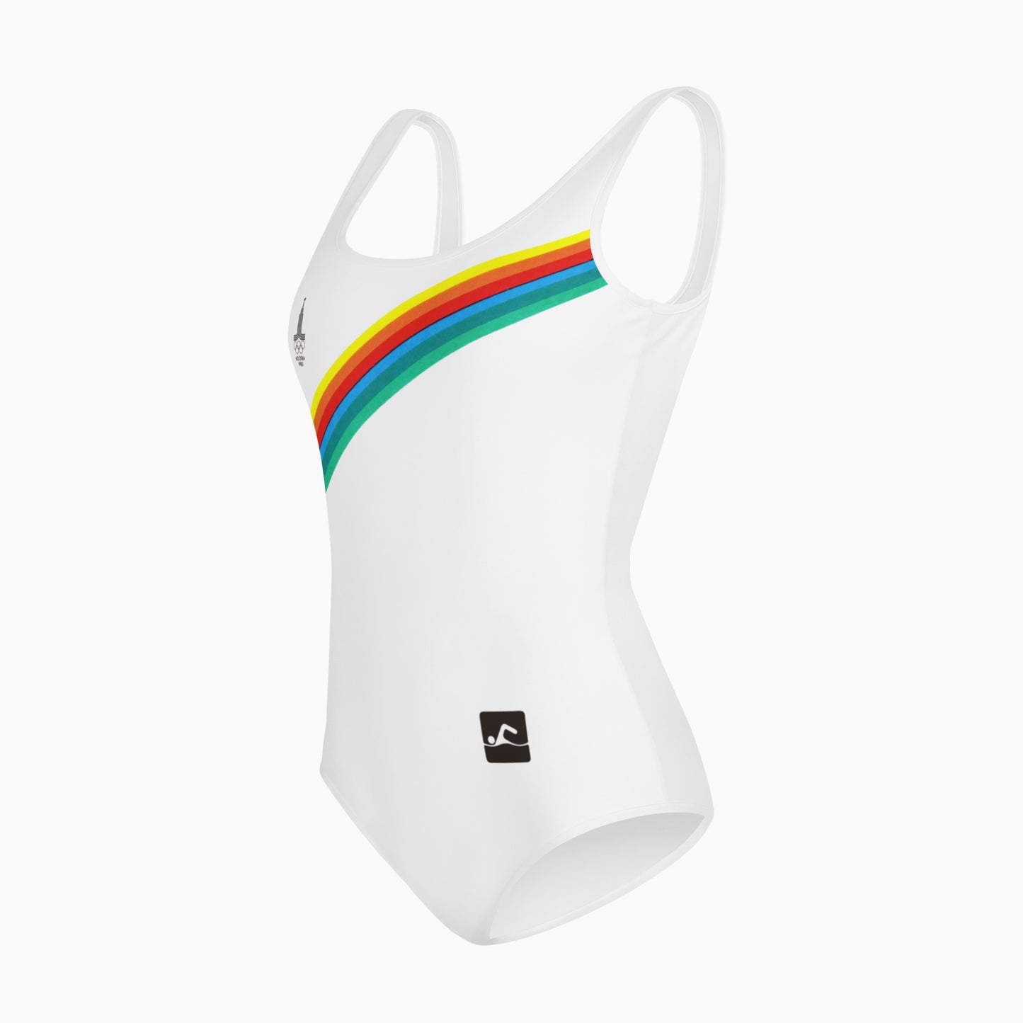 Vintage white Soviet Olympic Games youth one piece swimsuit with Moscow 1980 Olympic Games logo - left side