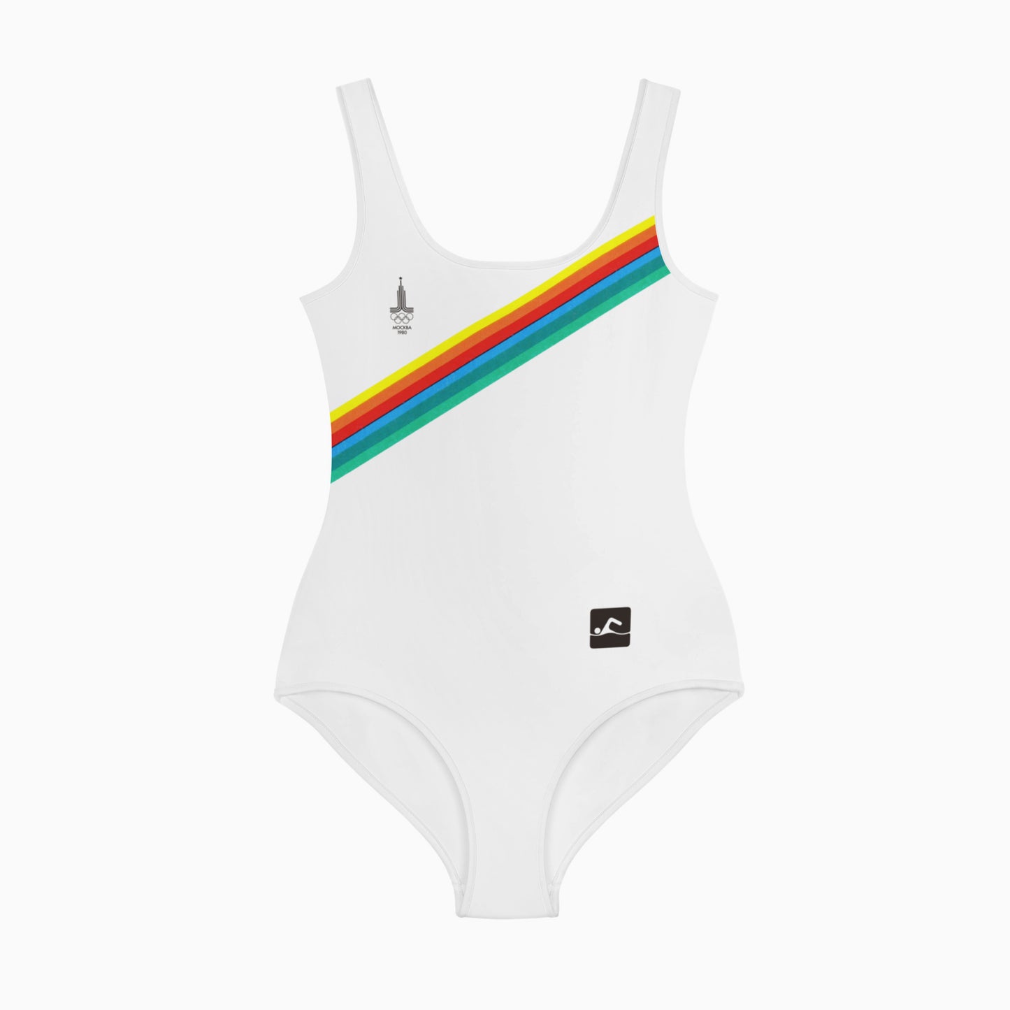 Vintage white Soviet Olympic Games youth one piece swimsuit with Moscow 1980 Olympic Games logo- front