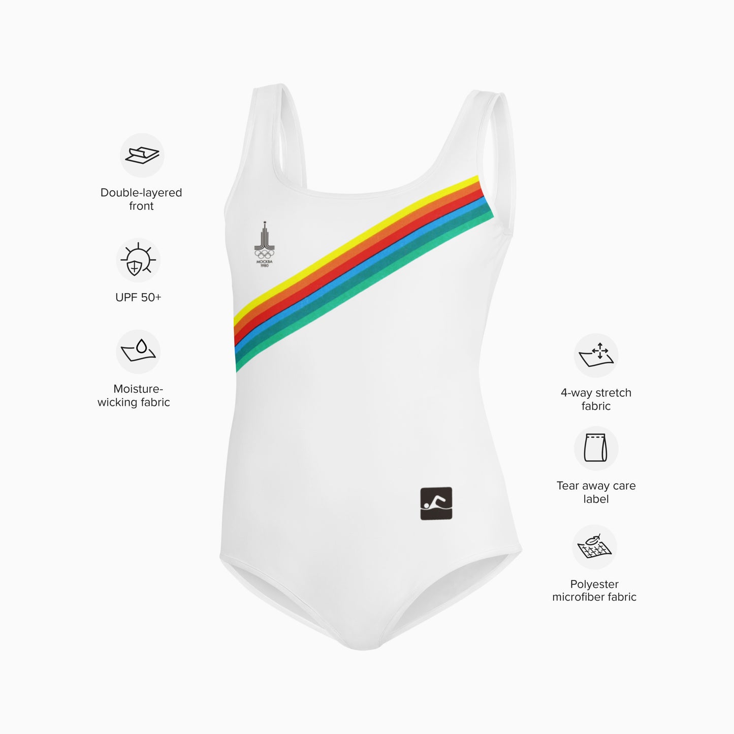 Vintage white Soviet Olympic Games youth one piece swimsuit with Moscow 1980 Olympic Games logo - features