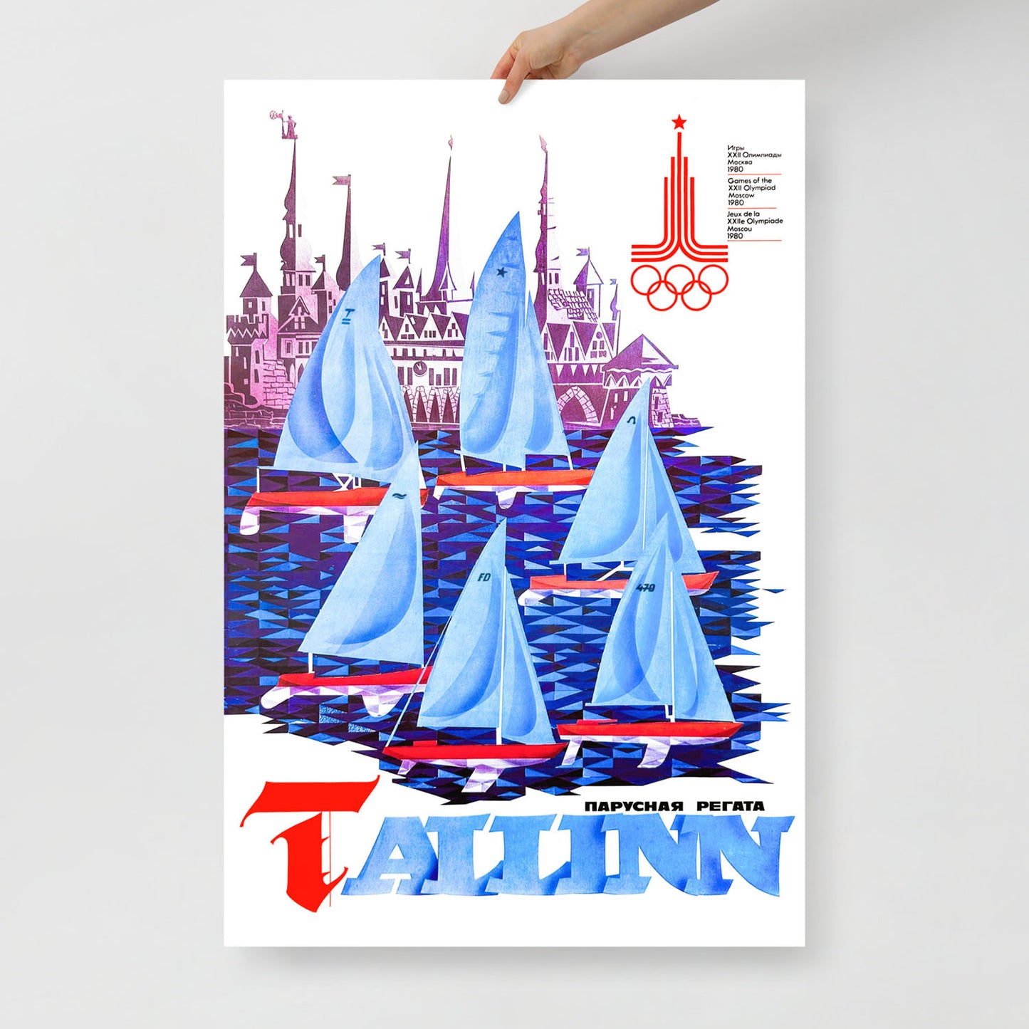 Tallinn 1980 Soviet Olympic sailing regatta poster showing sailboats and historic Estonian Old Town skyline. From sovisual.art