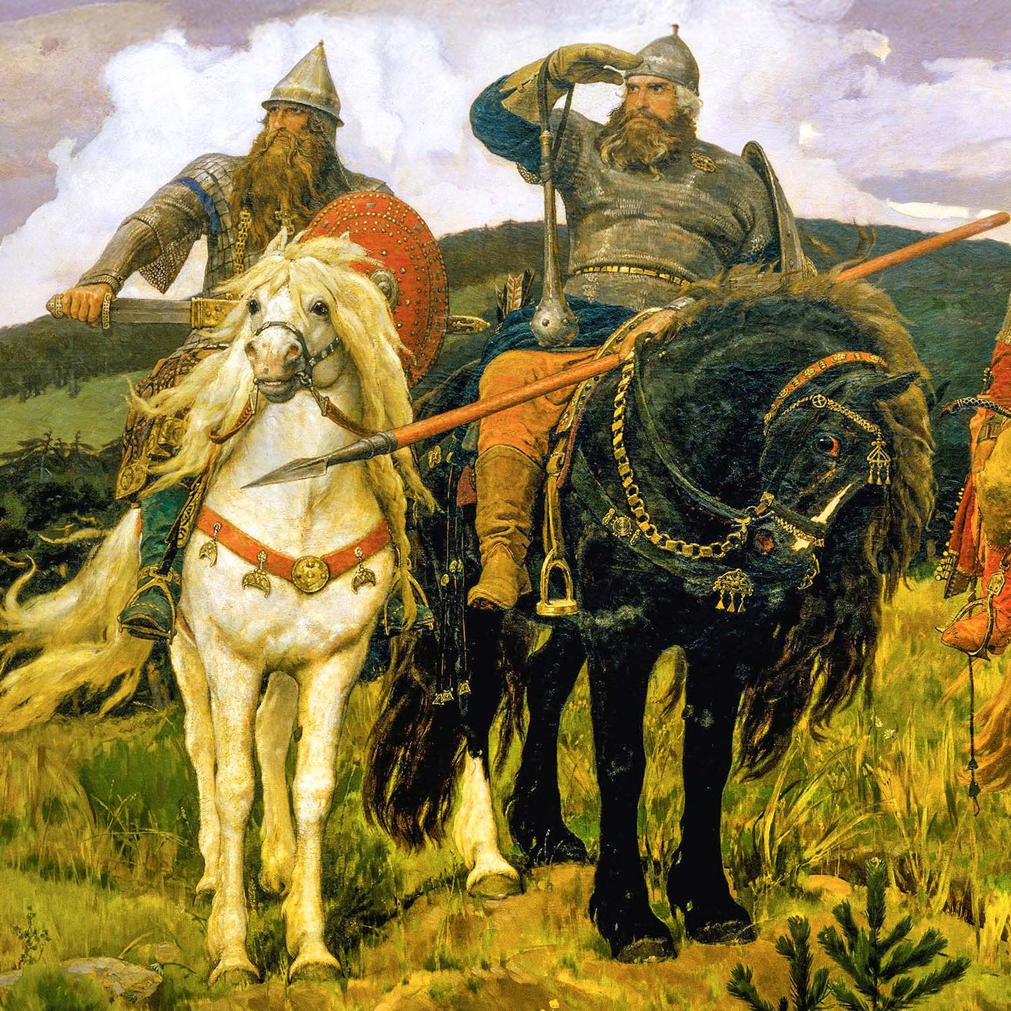 High-quality poster print of Viktor Vasnetsov's Three Bogatyrs, depicting three legendary Russian warriors in stunning detail.
