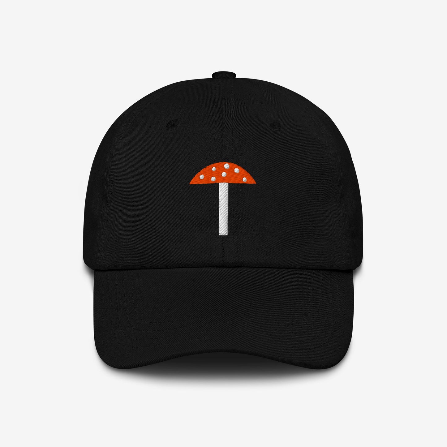 High-quality embroidered dad hat featuring Timur Novikov's "Mushroom" (Гриб) artwork, a bold Soviet avant-garde piece from 1990. Classic adjustable baseball cap.