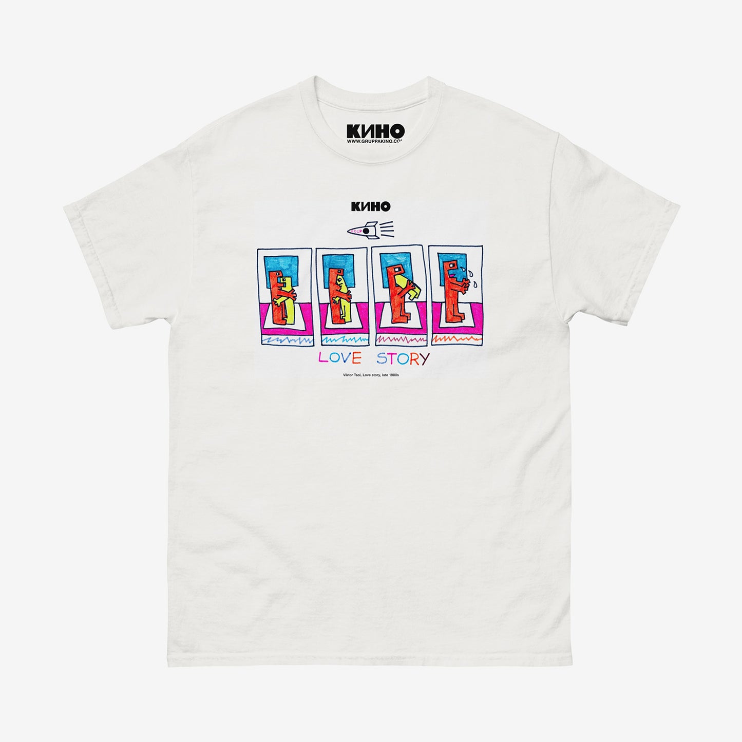 Original Viktor Tsoi 'Love Story' painting from late 1980s, printed on the front of a heavyweight quality unisex t-shirt with a KINO logo on the inside neck label