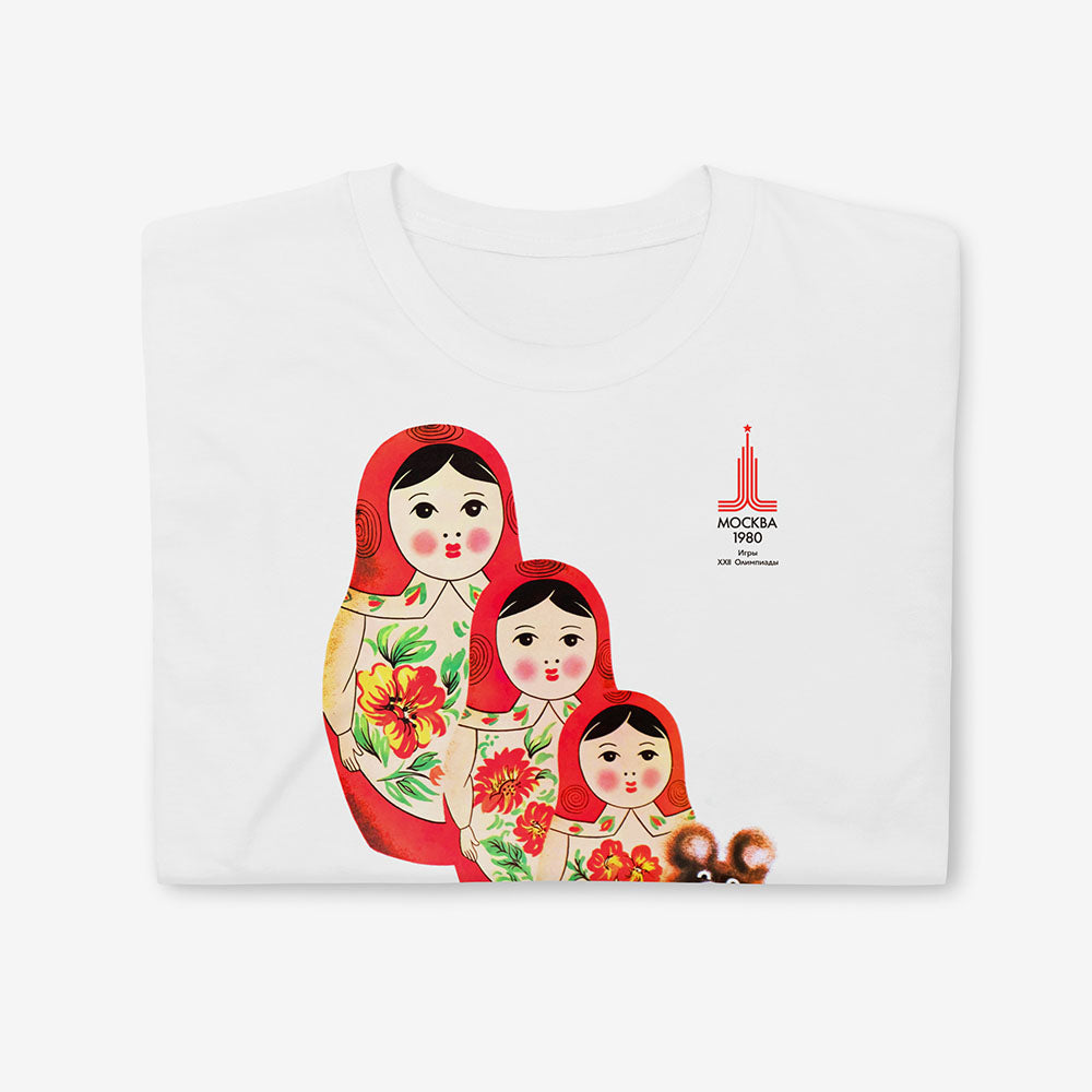 T-shirt with 1980 Soviet Olympics Misha and Matryoshka dolls