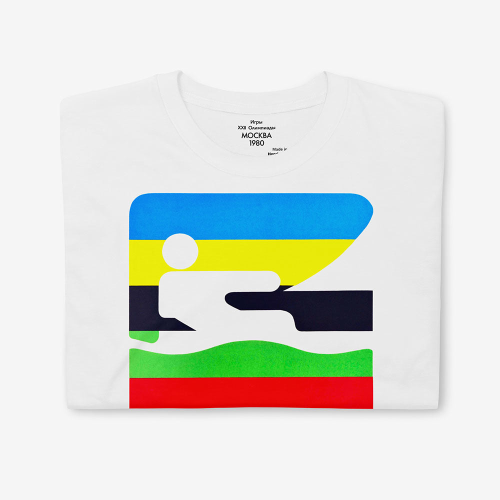 Unisex Moscow 1980 Olympic sailing T-shirt with Soviet stripes and sailing photo