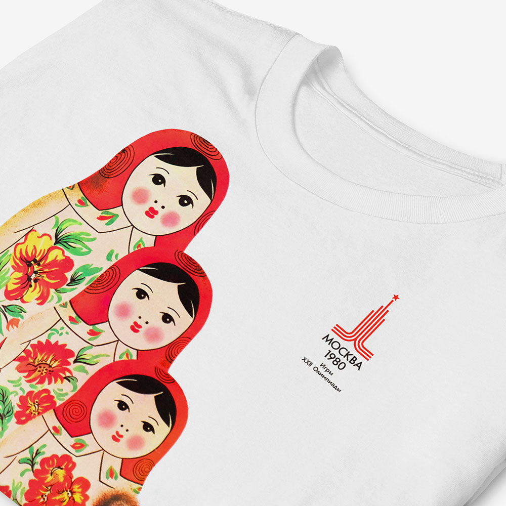 T-shirt with 1980 Soviet Olympics Misha and Matryoshka dolls