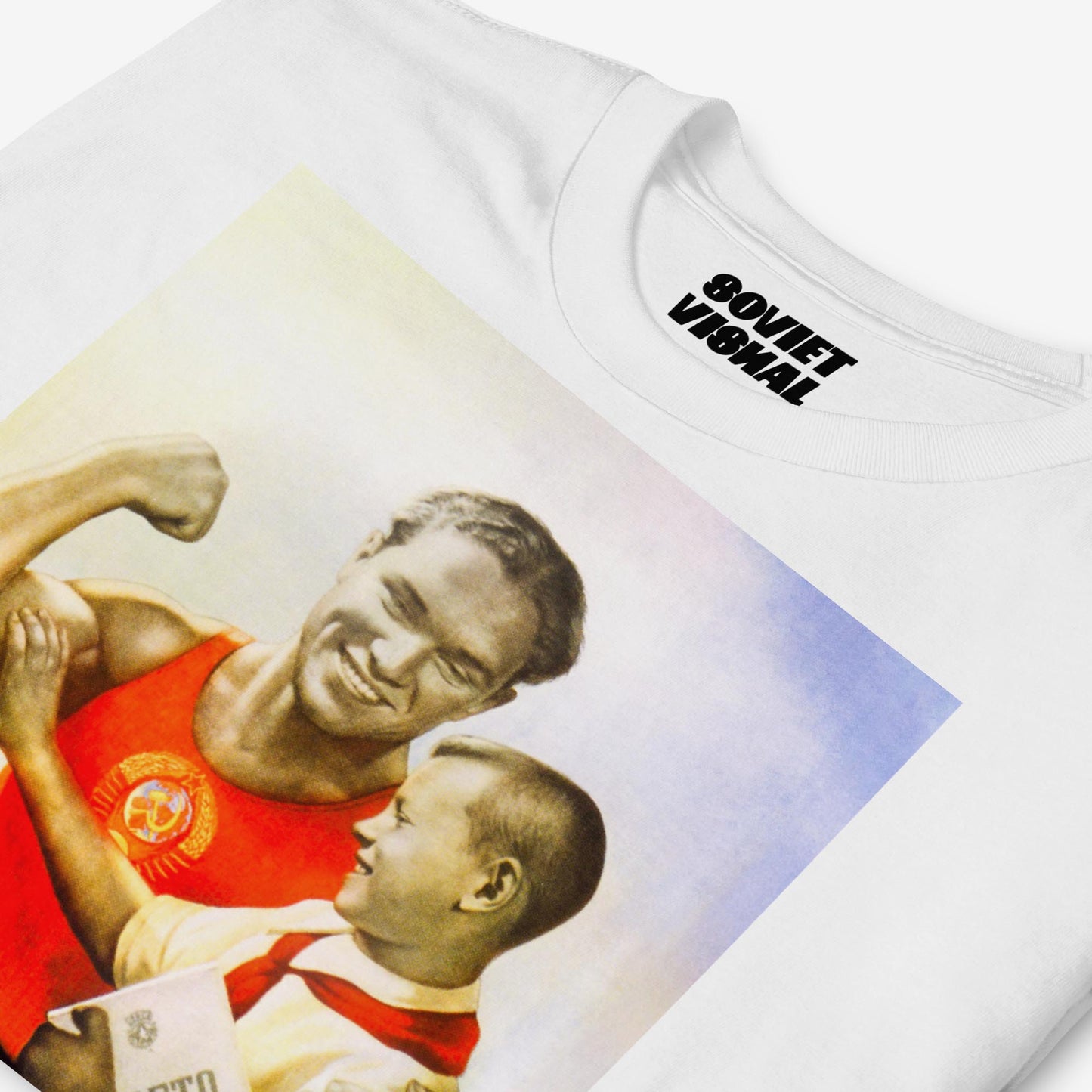 Unisex T-shirt with rare Koretsky Soviet poster design showing strong father and son with training message