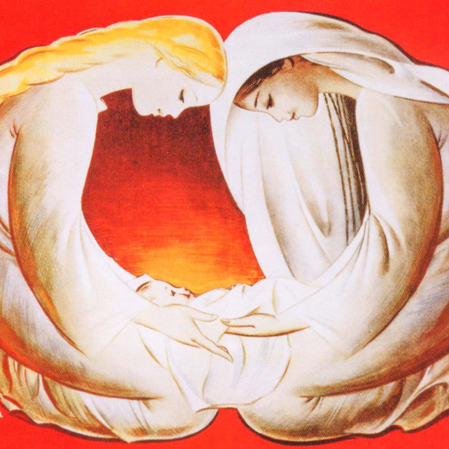 Soviet peace poster – Russian and Uzbek mothers with a newborn, text in Russian and Uzbek.