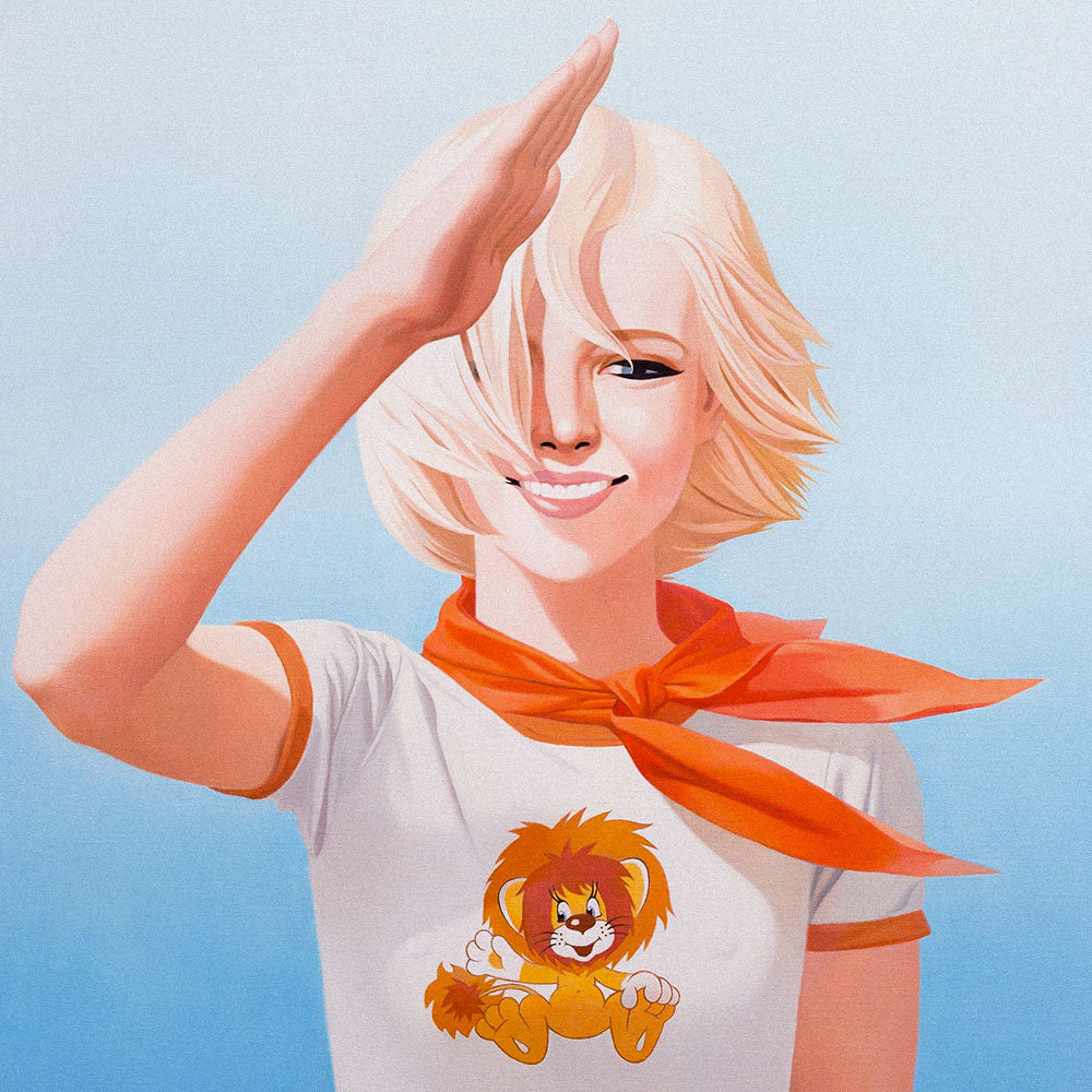 Minimalist painting of a Soviet pioneer girl saluting, wearing a T-shirt with cartoon lion cub Lvyonok. Modernist style with clean lines and strong nostalgic symbolism.