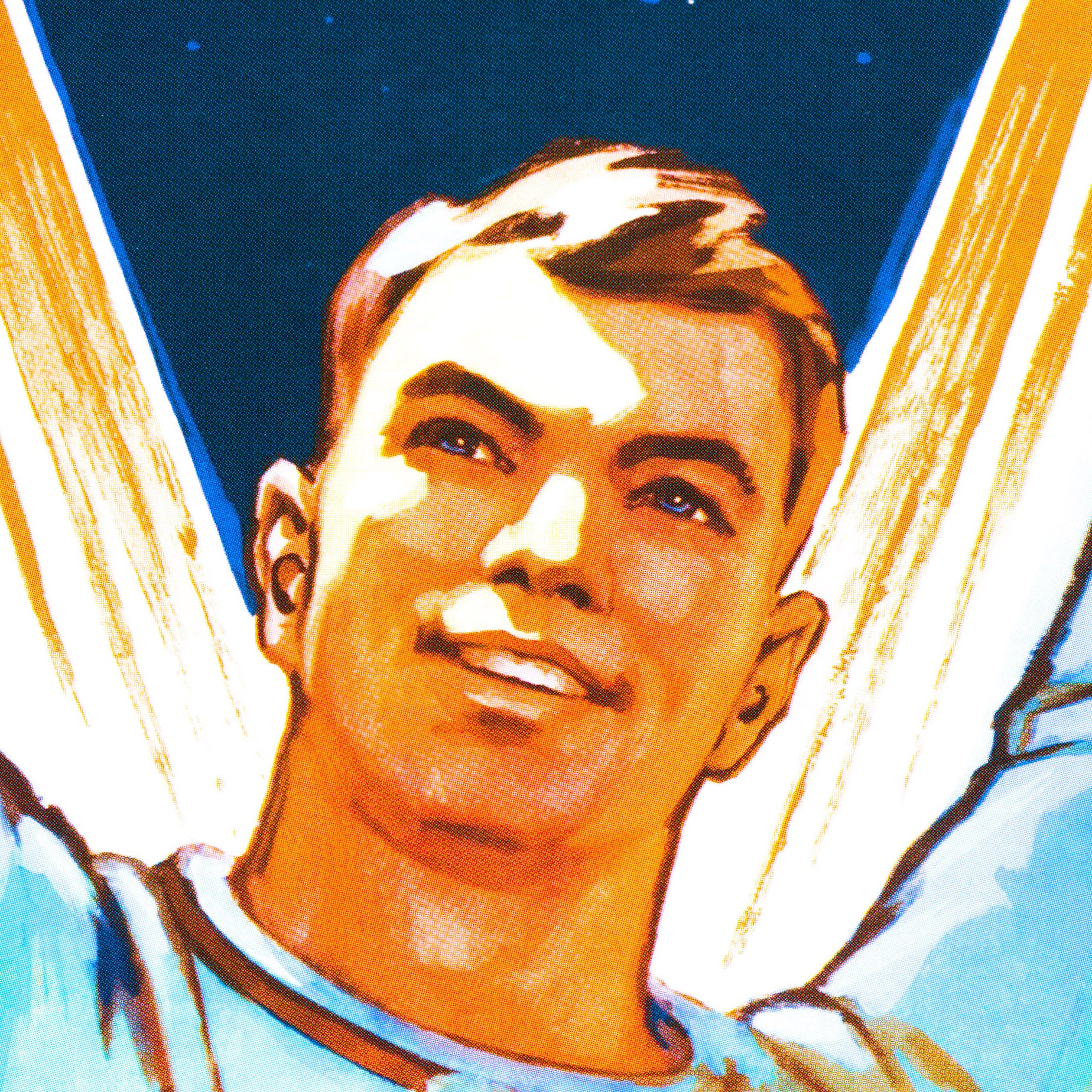 Rare Soviet space poster featuring a heroic young man reaching for the cosmos, with Vostok 1 and Vostok 2 rockets launching into space. High-resolution print on premium Japanese paper. Closeup print details