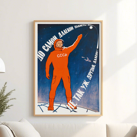 Rare Soviet space poster featuring a cosmonaut in a red spacesuit standing on Earth, pointing towards the distant stars. High-resolution print, exclusive to Soviet Visual.
