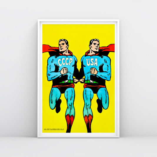 Two Superman-style figures – CCCP and USA Cold War comic parody poster