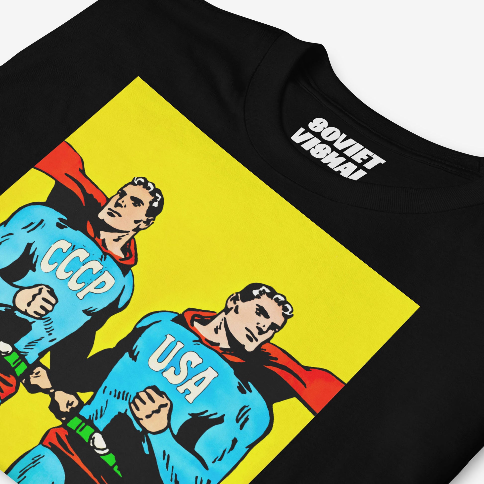 Superpowers T-shirt. Two supermen style figures running – CCCP and USA comic parody art 