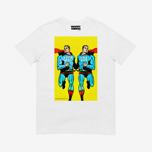 Superpowers T-shirt. Two supermen style figures running – CCCP and USA comic parody art 