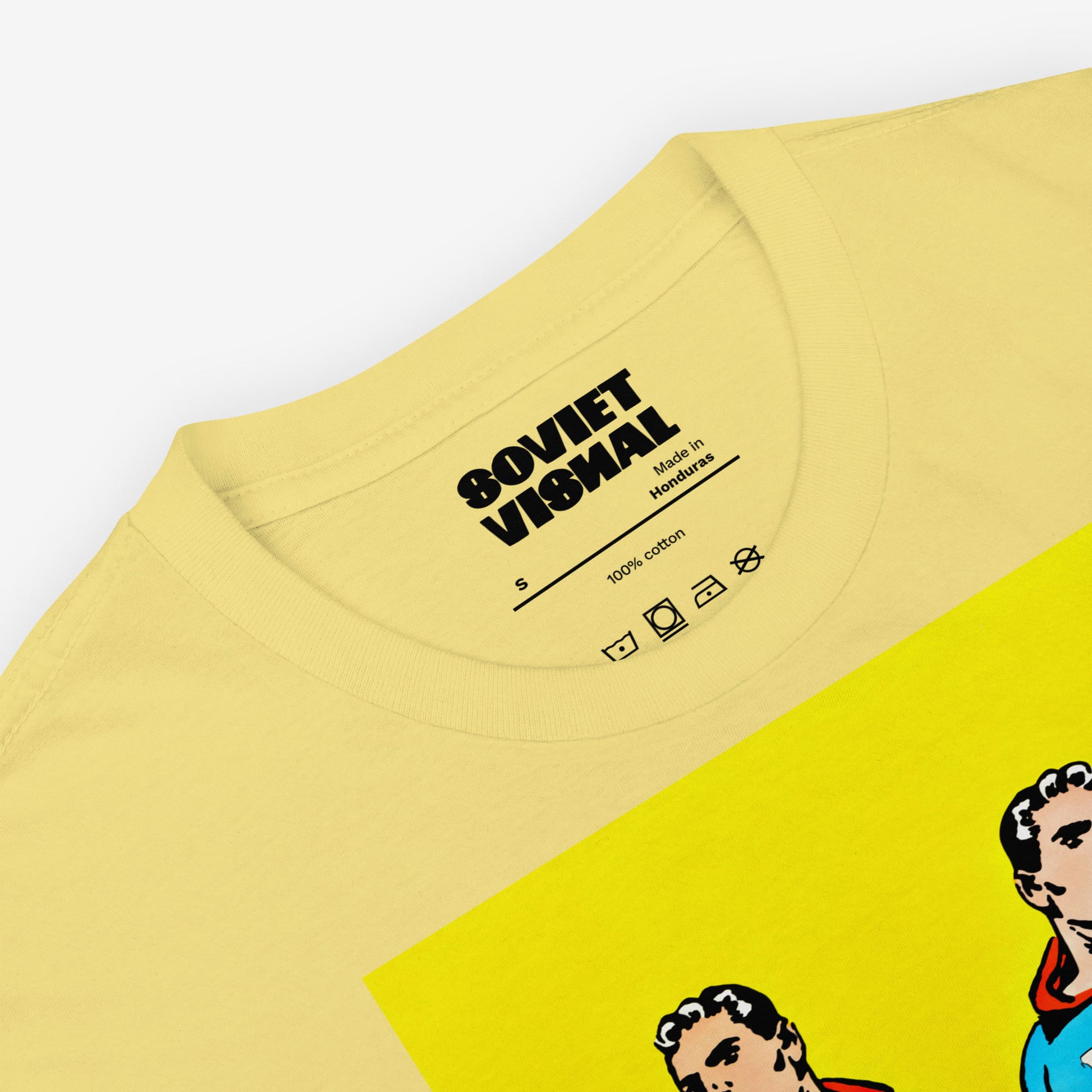 Superpowers T-shirt. Two supermen style figures running – CCCP and USA comic parody art 