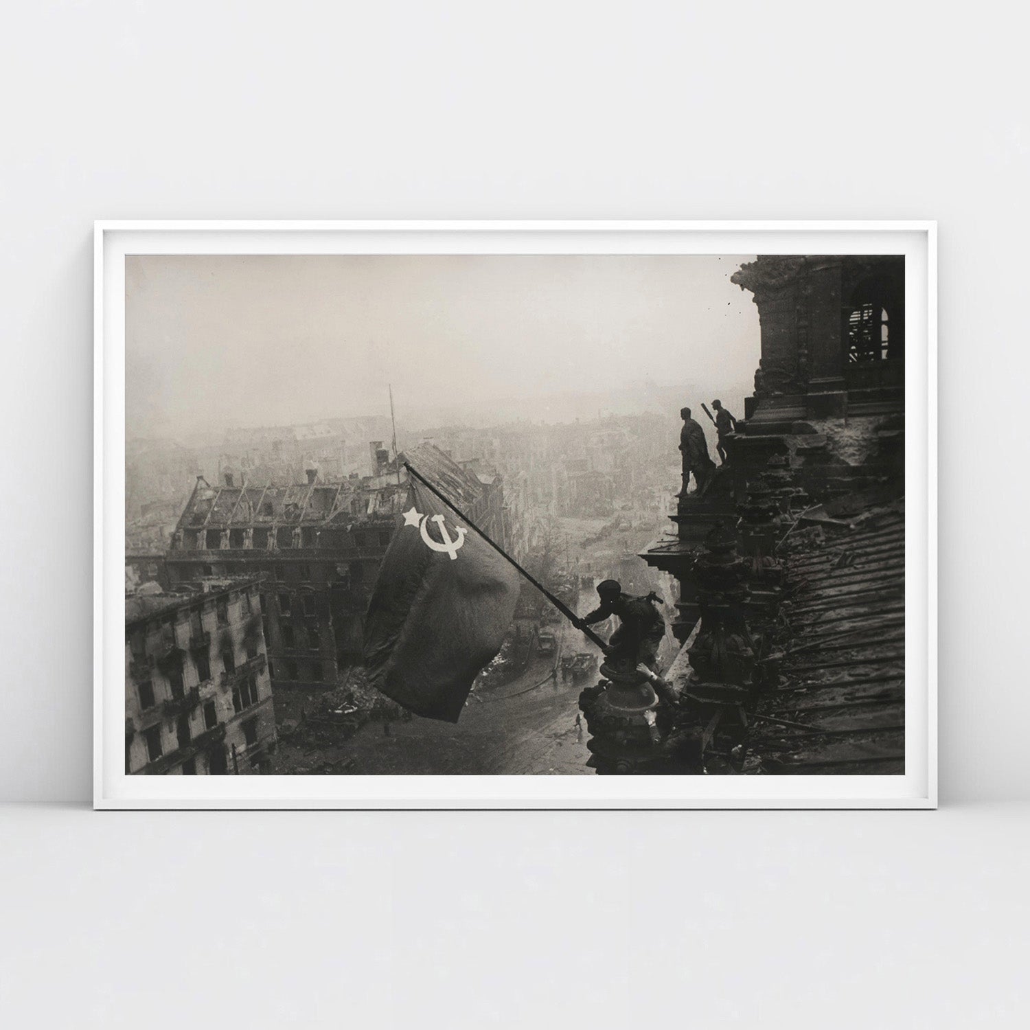Evgeniy Khaldei photo of Soviet soldiers raising red flag over Reichstag, 1945 – Victory in Berlin historical poster print.