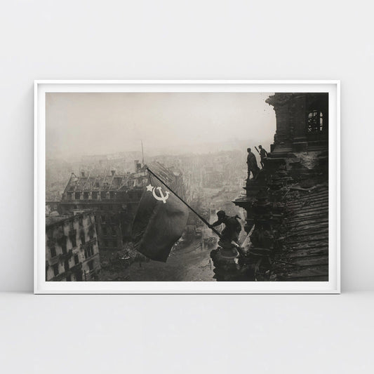 Evgeniy Khaldei photo of Soviet soldiers raising red flag over Reichstag, 1945 – Victory in Berlin historical poster print.