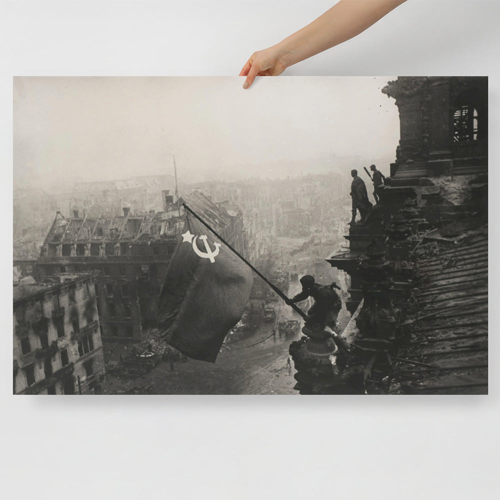 Evgeniy Khaldei photo of Soviet soldiers raising red flag over Reichstag, 1945 – Victory in Berlin historical poster print.