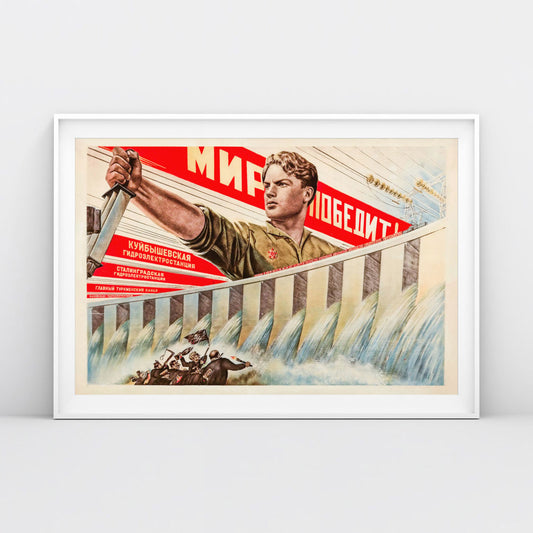 Front view of the Soviet poster, shot in a minimalist setting with natural lighting